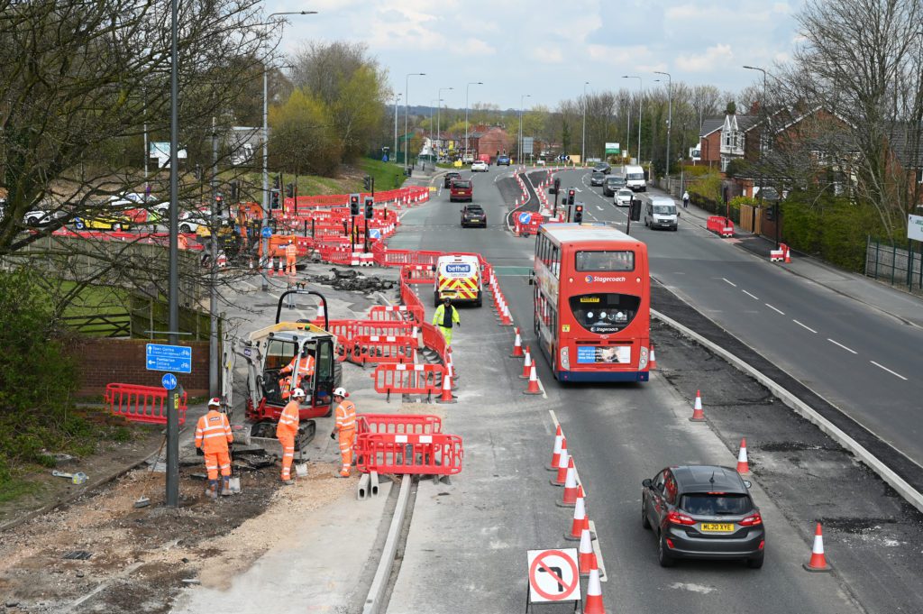 Aerial photo of Bethell operatives undertaking highways repairs in Wigan