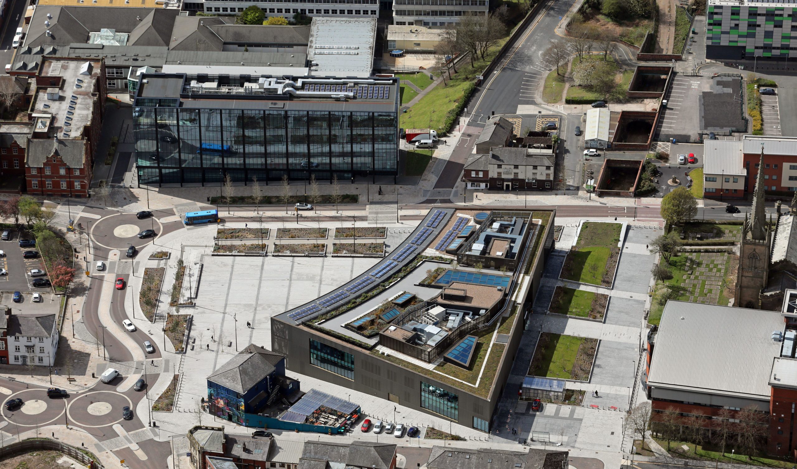 2J4252W aerial view of University of Central Lancashire Student Centre & The  Engineering And Innovation Centre, University Square, Preston, Lancashire