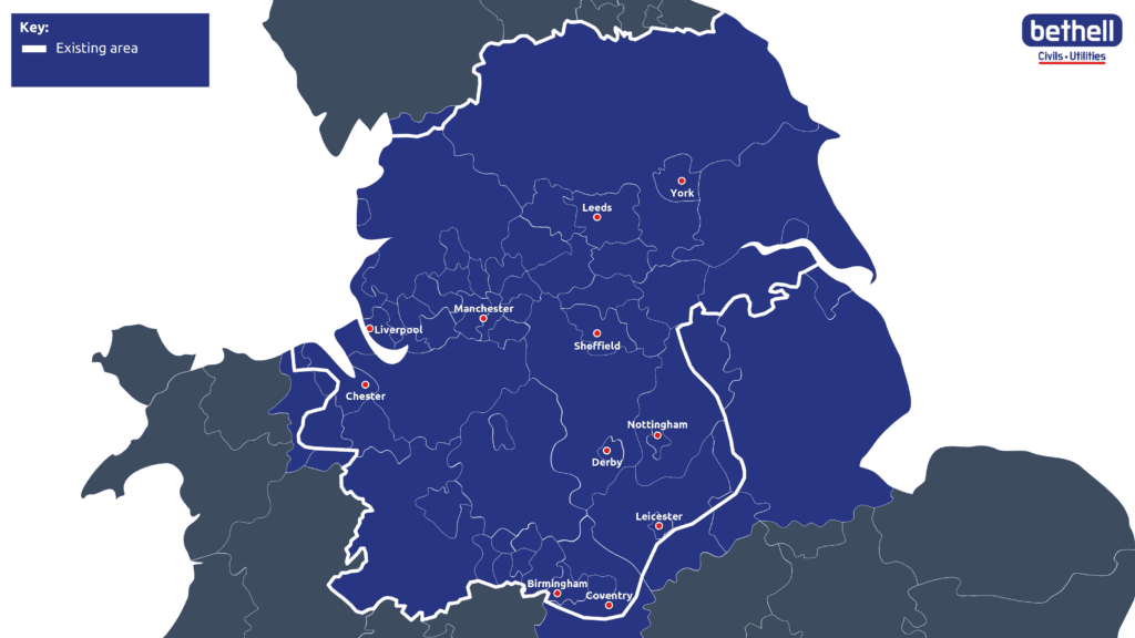 Map showcasing the area of operation for Bethell Utility Services