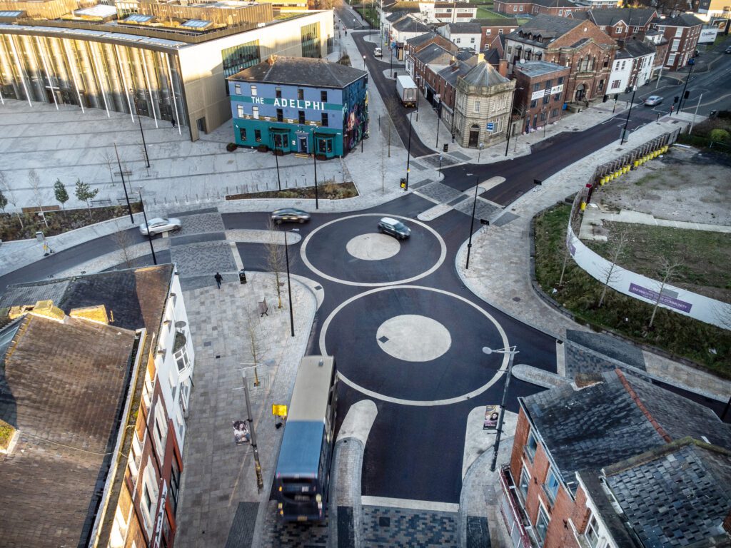 A roundabout junction in Preston town centre